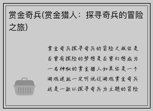 赏金奇兵(赏金猎人：探寻奇兵的冒险之旅)